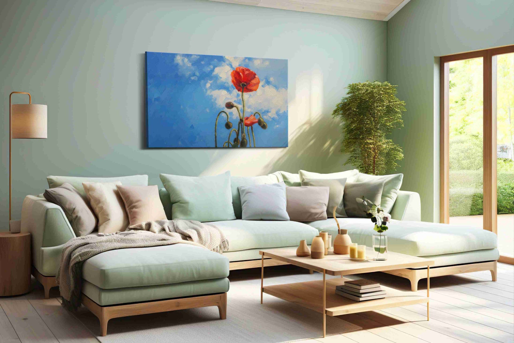 Whispers of Crimson Sky poppies canvas print, hanging on wall