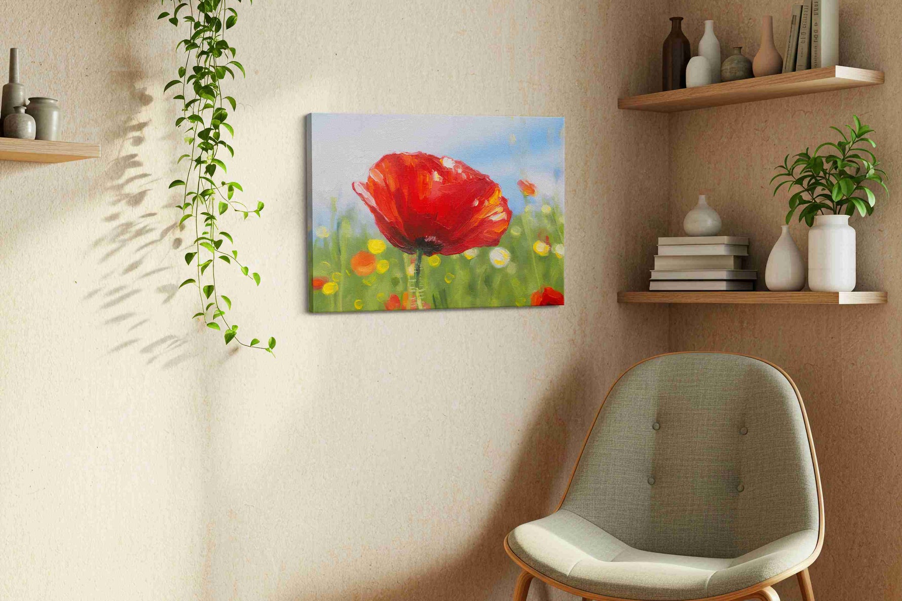 Whispers of Scarlet Blooms poppies canvas print, displayed in a living room