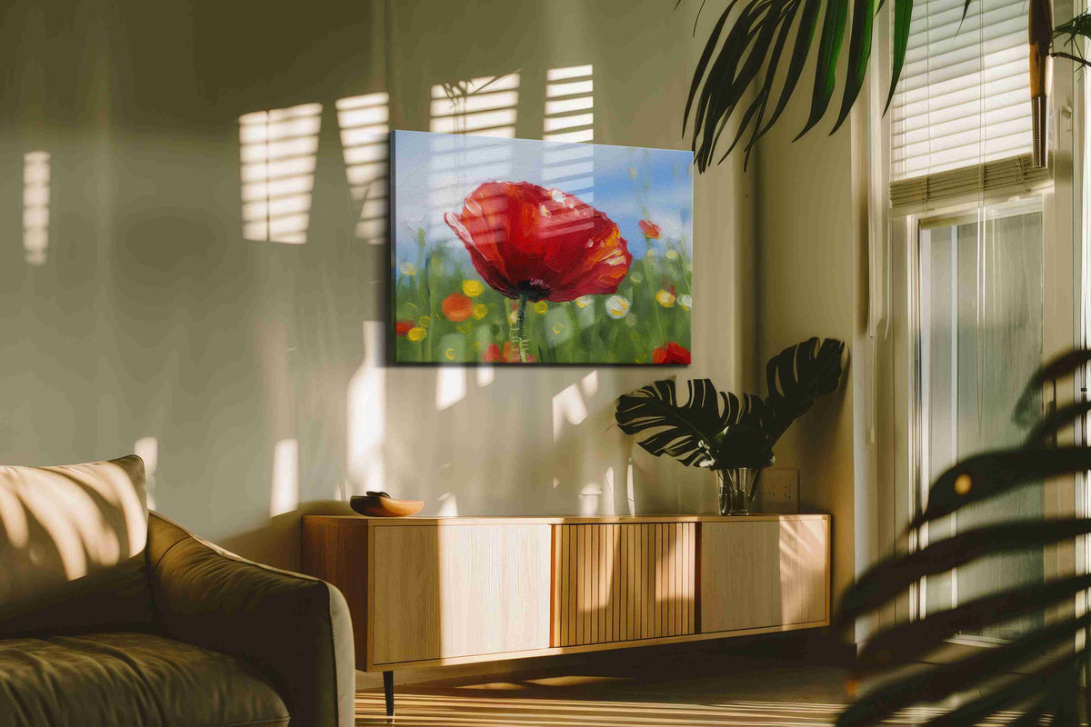 Whispers of Scarlet Blooms poppies canvas print, hanging on wall