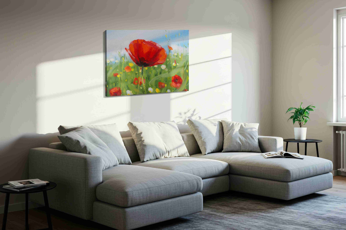 Whispers of Scarlet Breezes poppies canvas print, displayed in a living room
