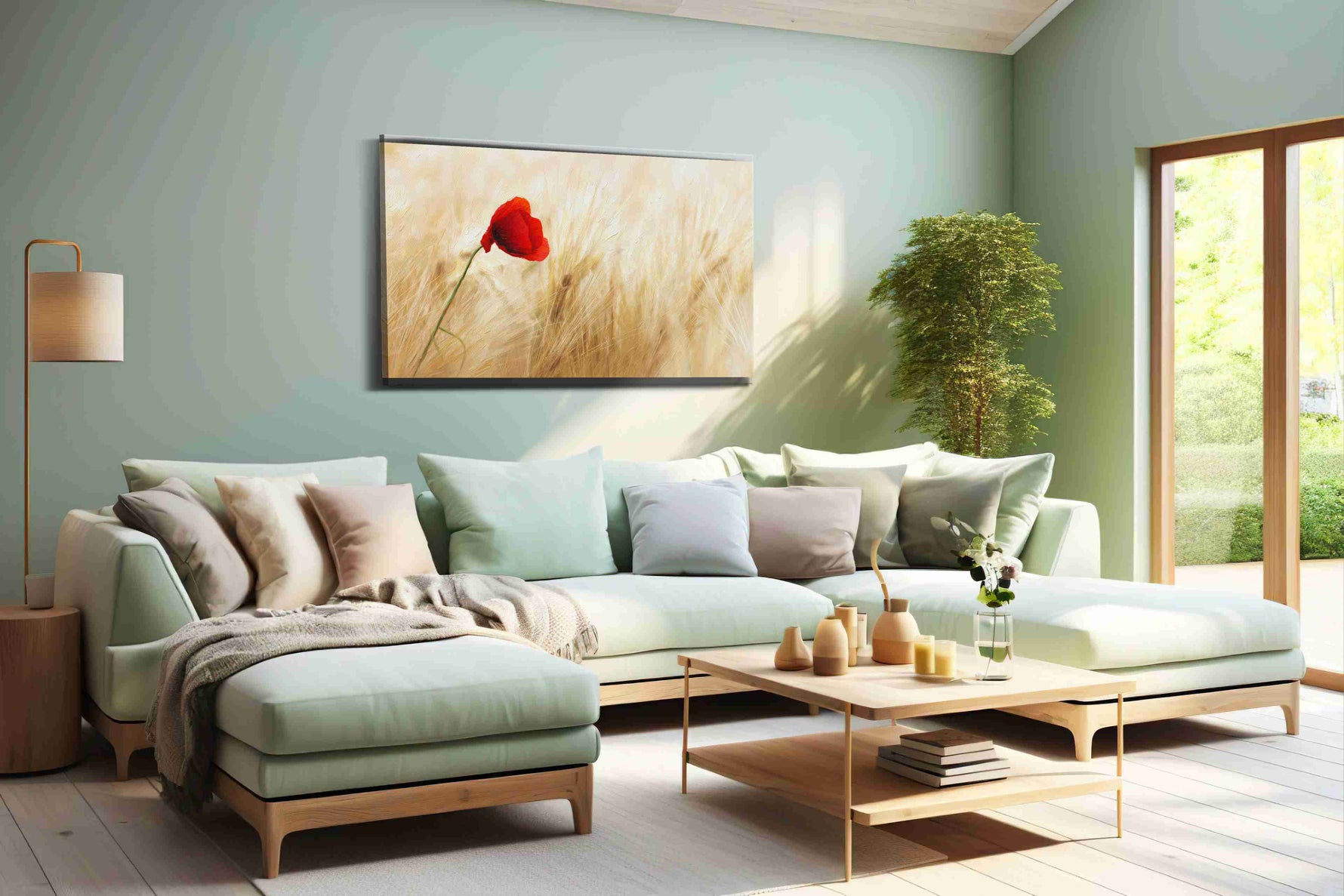 Whispers of a Crimson Dream poppies canvas print shown in a wall scene