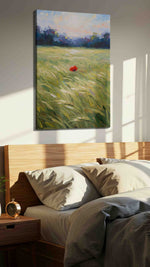 Whispers of a Scarlet Dawn landscape canvas print, displayed in a bedroom