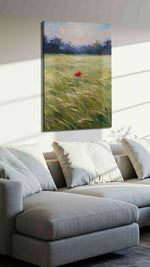 Whispers of a Scarlet Dawn landscape canvas print, displayed in a living room