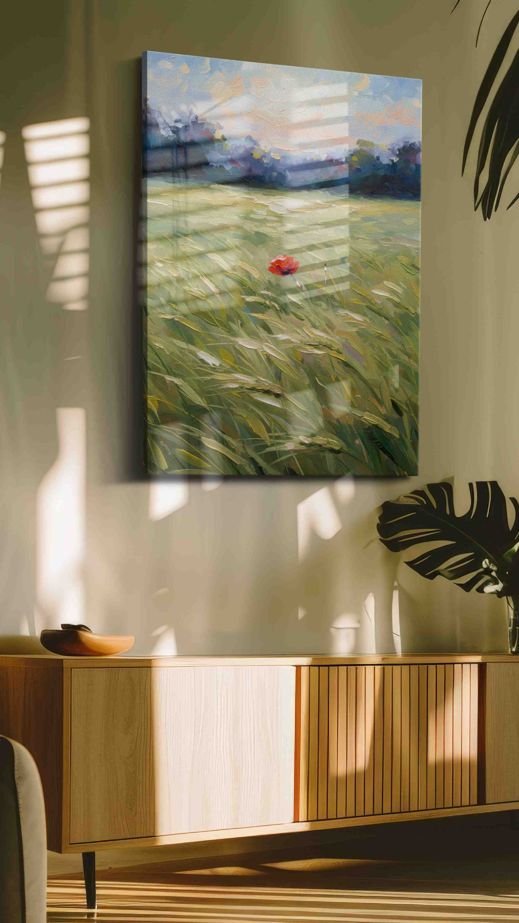 Whispers of a Scarlet Dawn landscape canvas print, hanging on wall