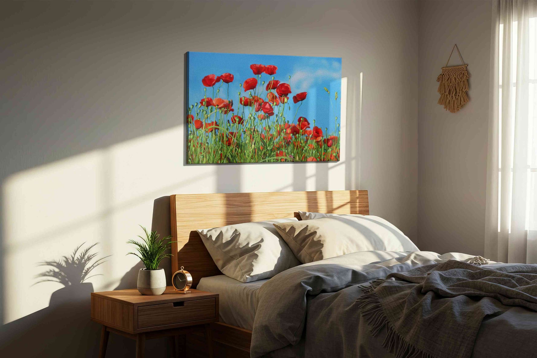 Whispers of the Poppy Meadow poppies canvas print, displayed in a bedroom