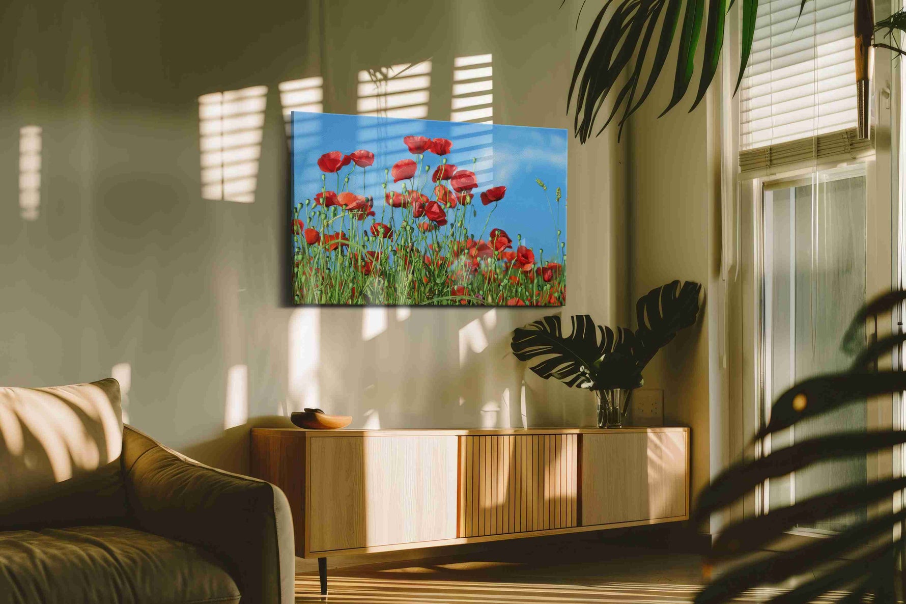 Whispers of the Poppy Meadow poppies canvas print, hanging on wall — in a hung canvas mockup