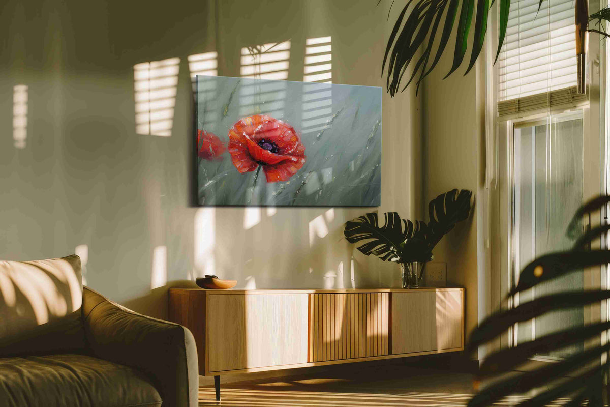 Whispers of the Scarlet Bloom poppies canvas print in a hung canvas mockup