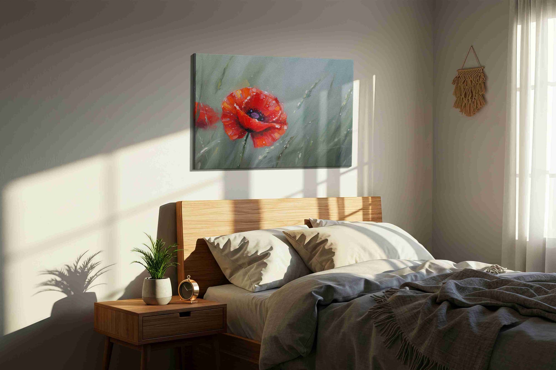 Whispers of the Scarlet Meadow poppies canvas print, displayed in a bedroom
