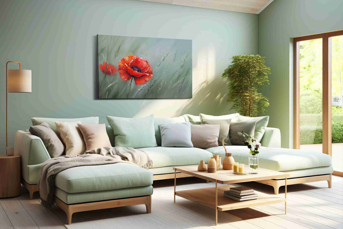 Whispers of the Scarlet Meadow poppies canvas print shown in a wall scene