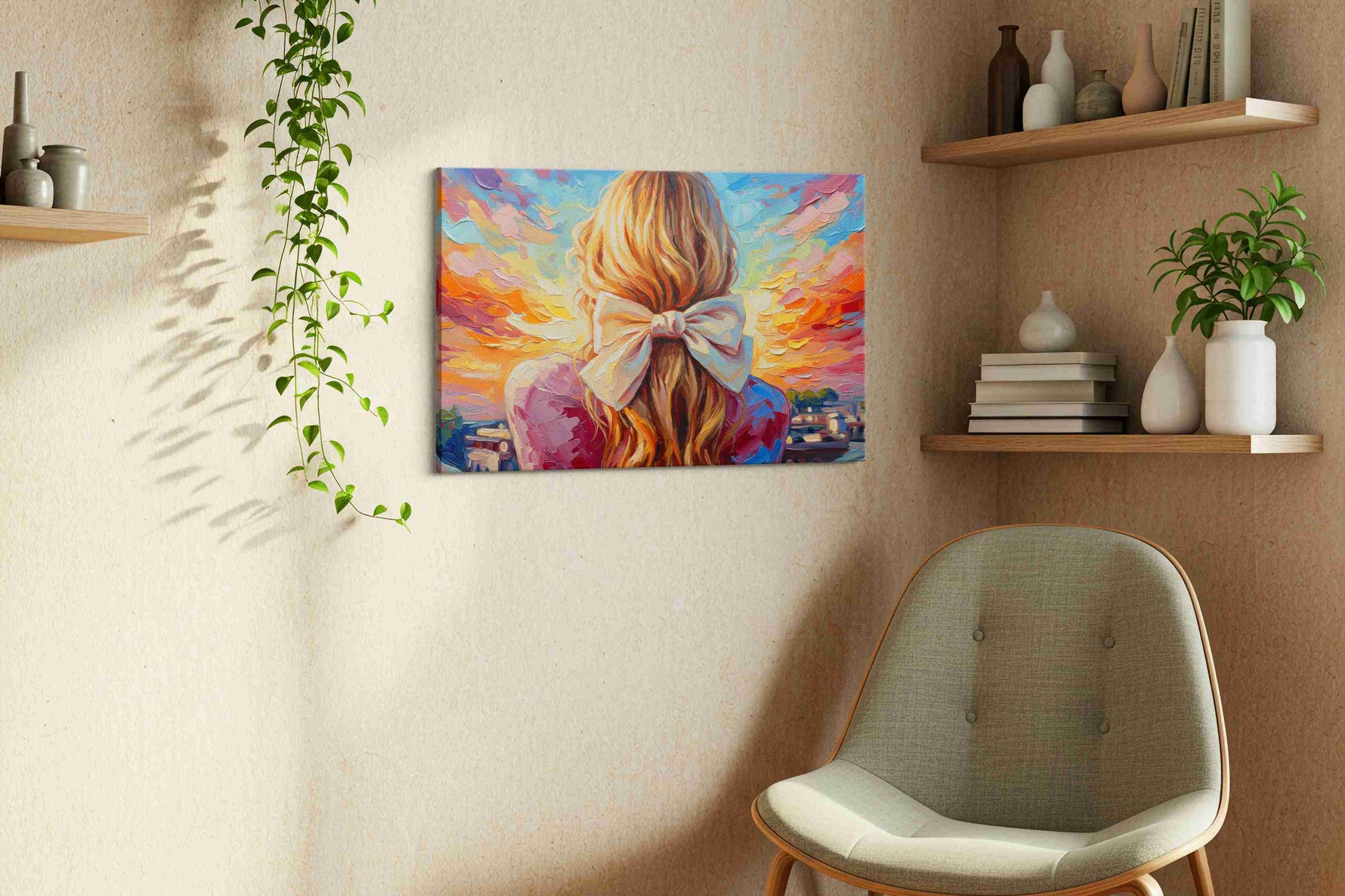 Sunset Reverie romance canvas print, displayed in a living room