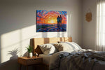 Embrace at Sunset Swirl romance canvas print, displayed in a bedroom
