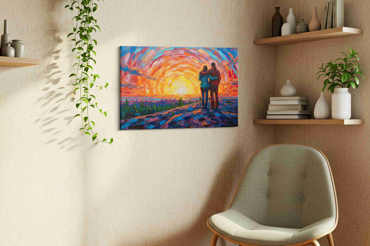 Embrace at Sunset Swirl romance canvas print, displayed in a living room