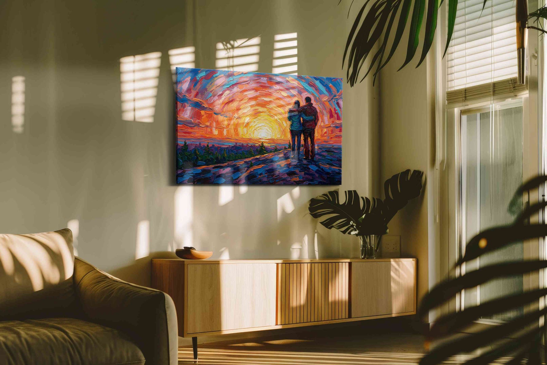 Embrace at Sunset Swirl romance canvas print in a hung canvas mockup
