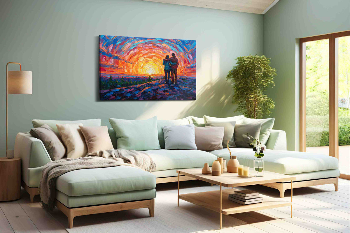 Embrace at Sunset Swirl romance canvas print, hanging on wall