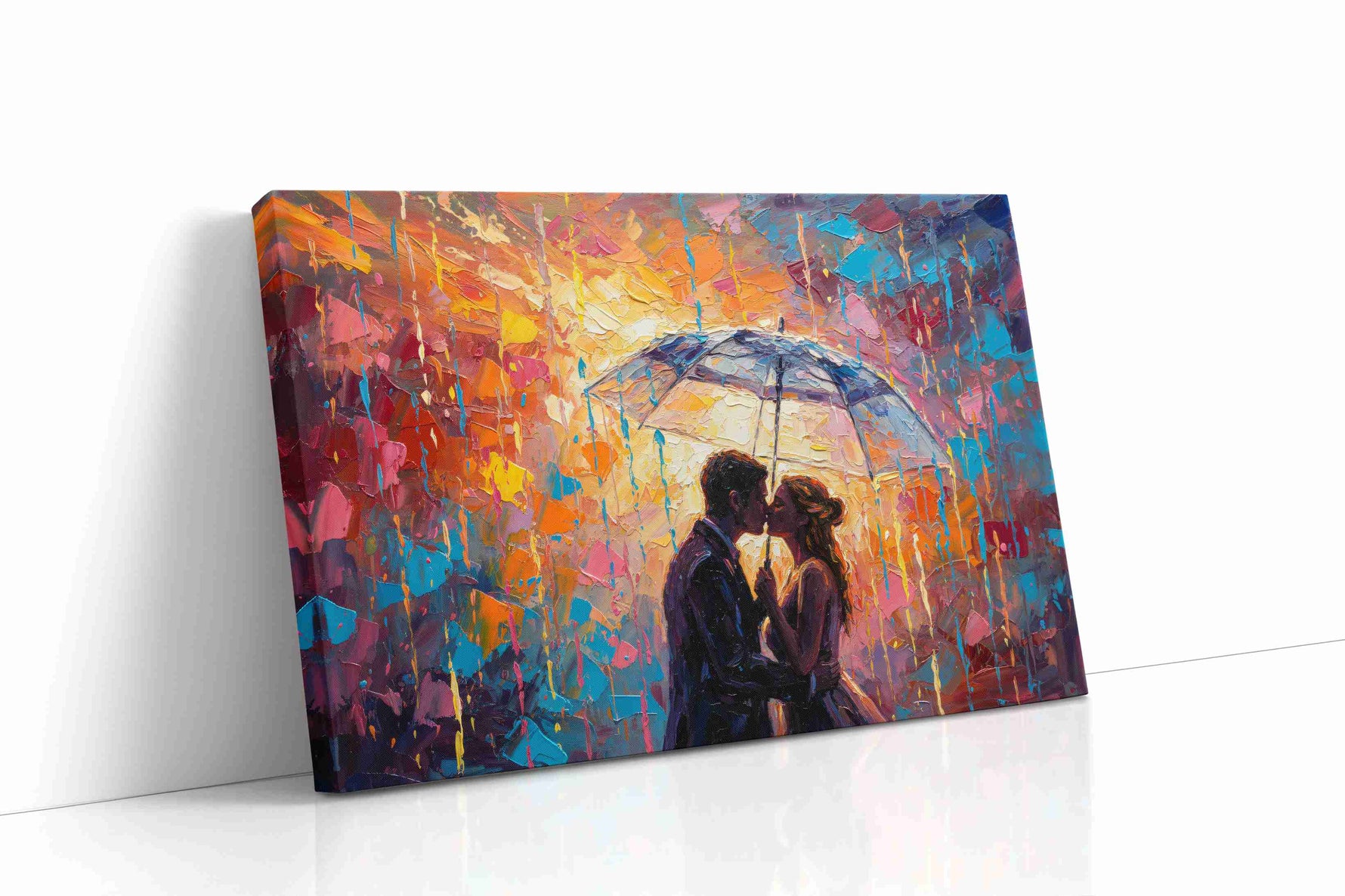Embrace in Colorful Rain romance canvas print gallery-wrapped landscape canvas studio shot
