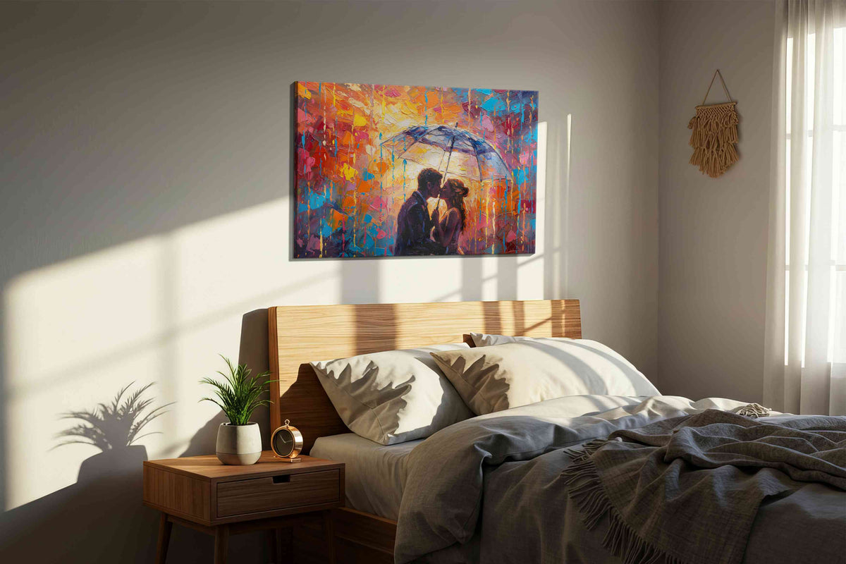 Embrace in Colorful Rain romance canvas print, displayed in a bedroom