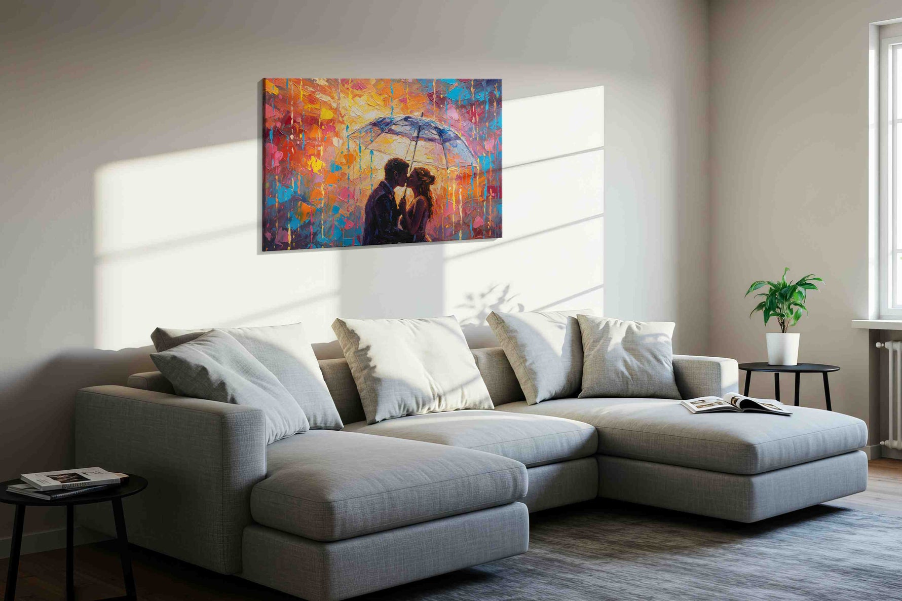 Embrace in Colorful Rain romance canvas print, displayed in a living room