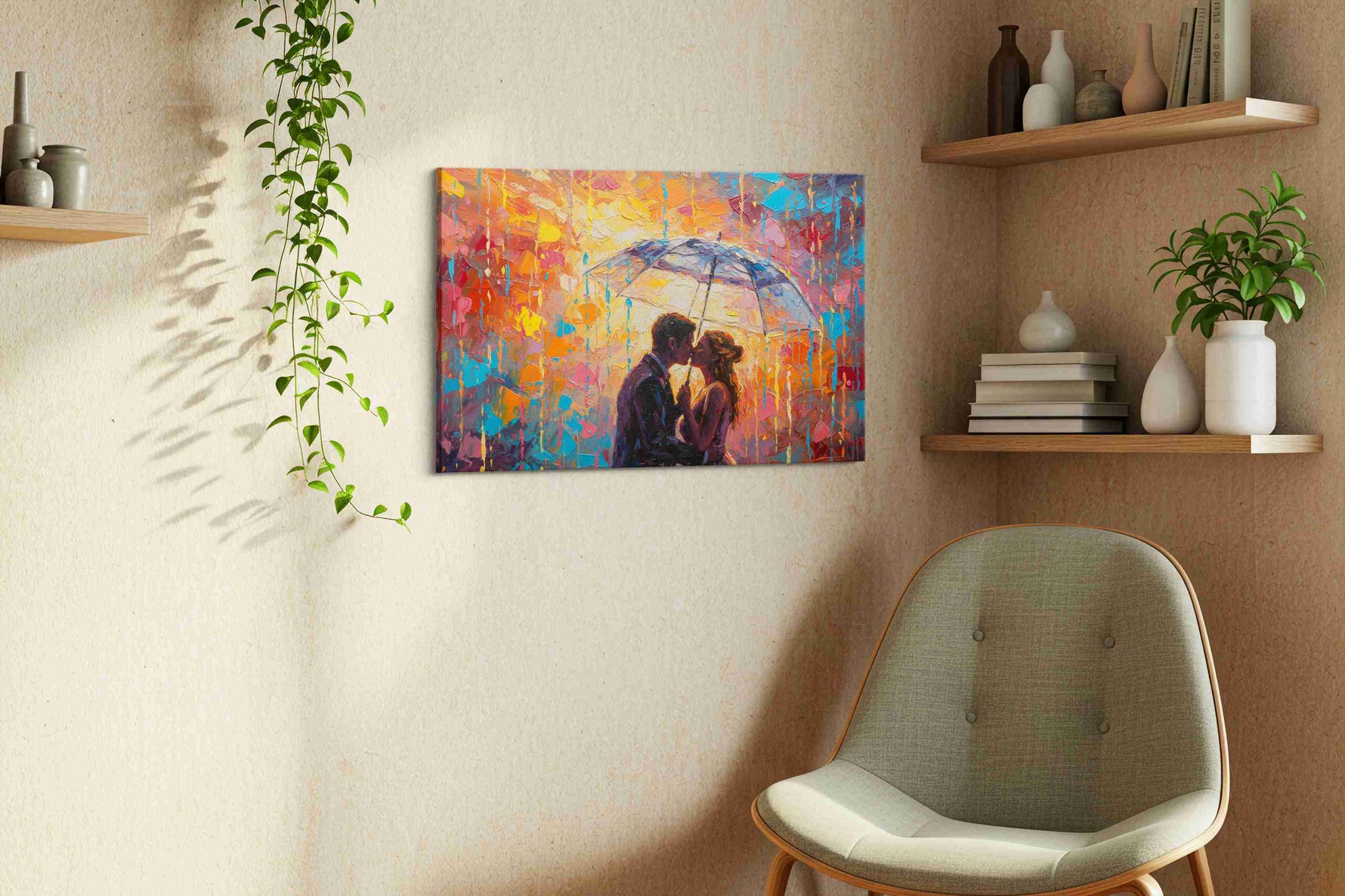 Embrace in Colorful Rain – romance canvas wall art, gallery-wrapped, ready to hang
