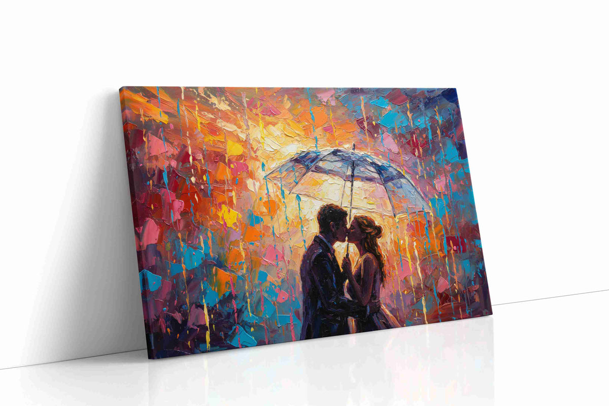 Embrace in Colorful Rain romance canvas print, gallery-wrapped, ready to hang