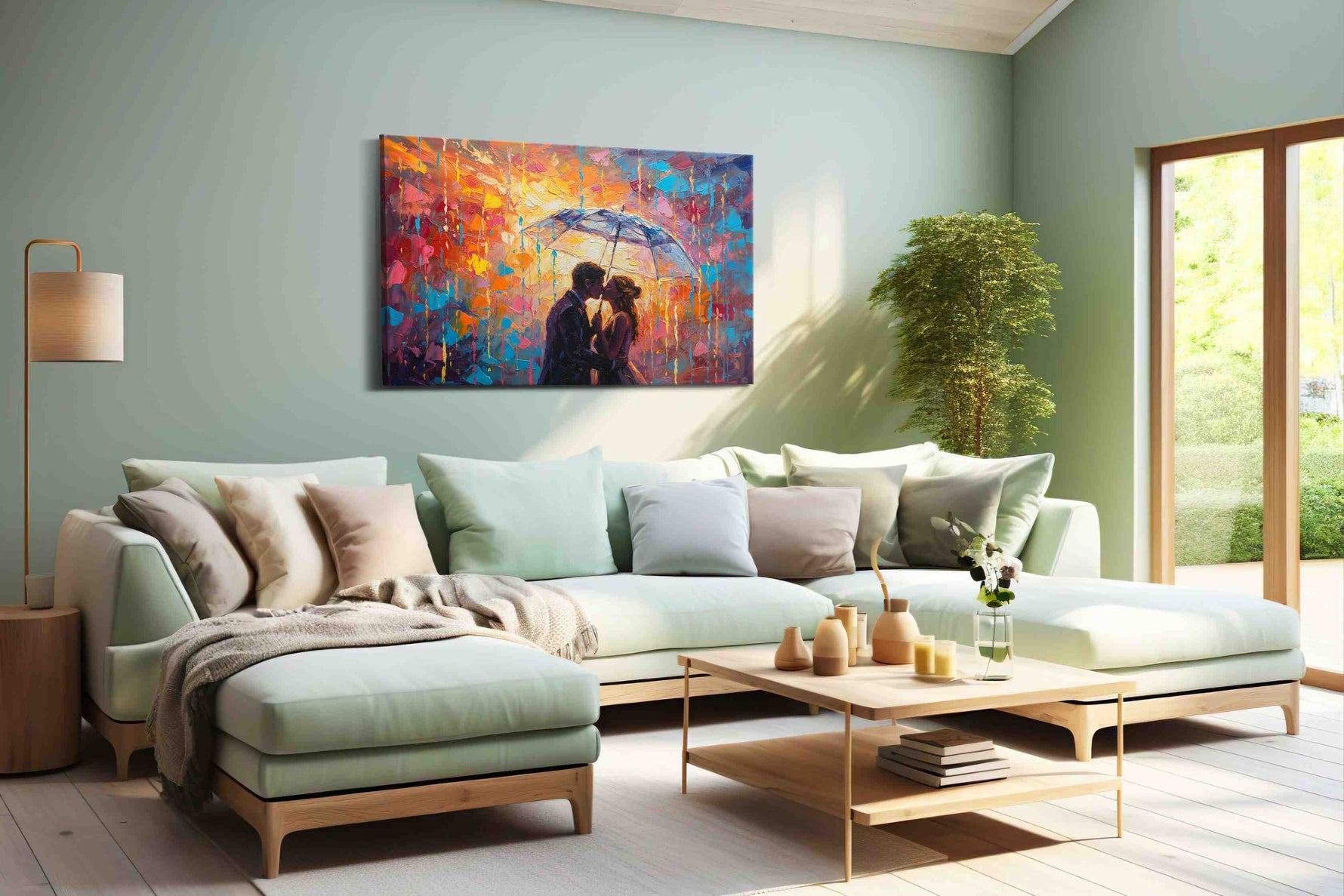 Embrace in Colorful Rain romance canvas print, hanging on wall