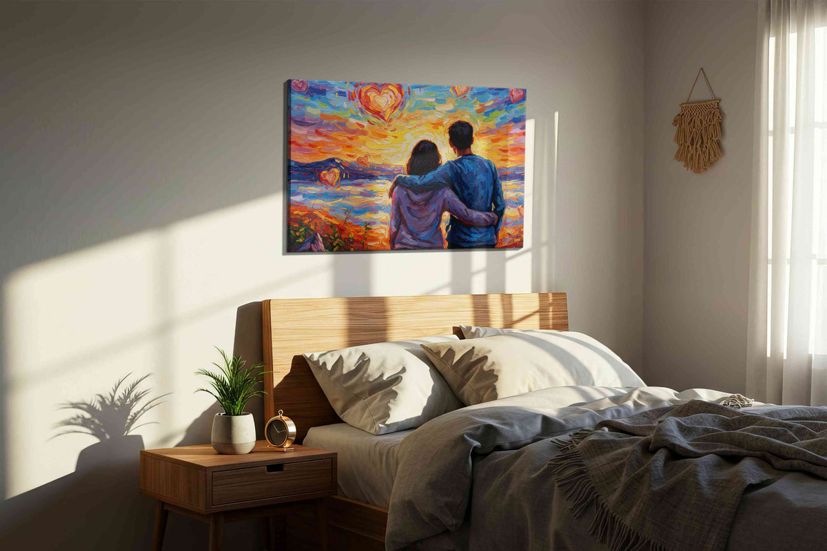 Embrace of the Heartful Horizon romance canvas print, displayed in a bedroom