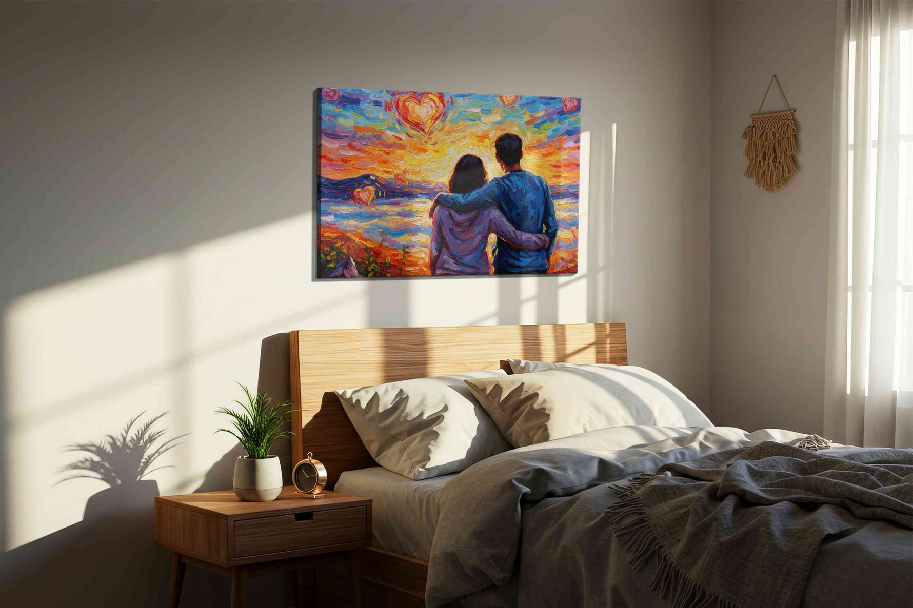 Embrace of the Heartful Horizon romance canvas print, displayed in a bedroom