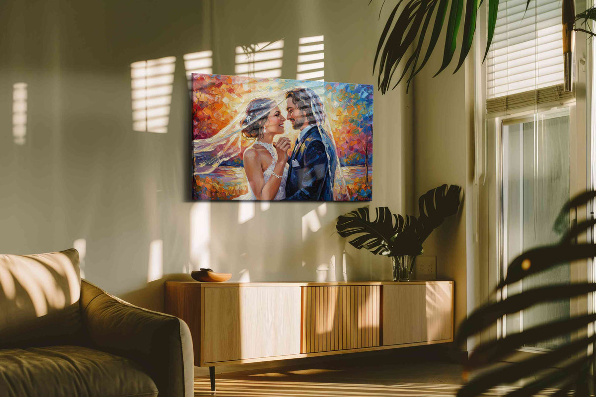 Eternal Embrace in Autumn Light romance canvas print, displayed in a living room