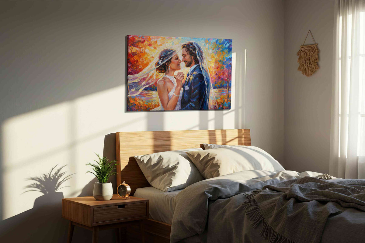 Eternal Embrace in Autumn Light romance canvas print, displayed in a bedroom