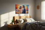 Eternal Embrace in Autumn Light romance canvas print, displayed in a bedroom