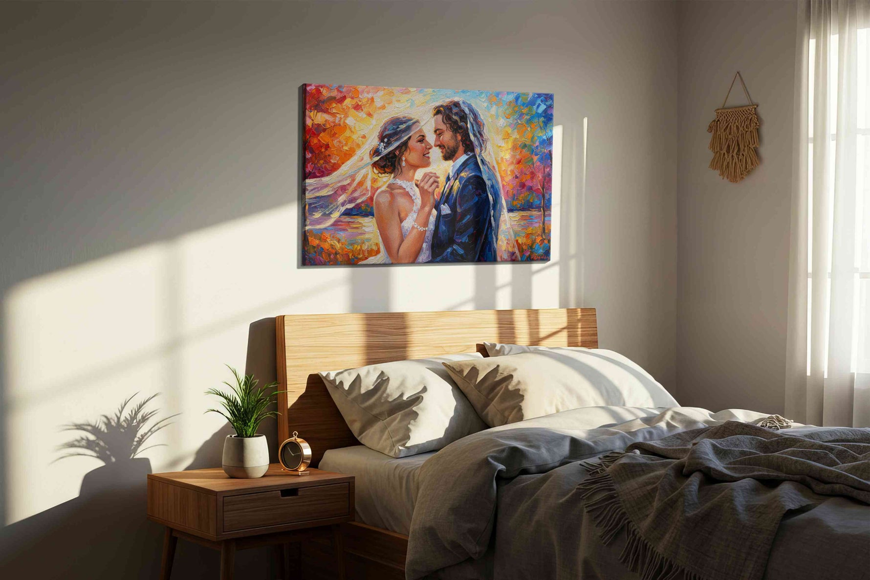 Eternal Embrace in Autumn Light romance canvas print, displayed in a bedroom
