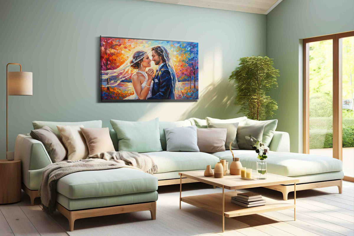 Eternal Embrace in Autumn Light romance canvas print shown in a wall scene