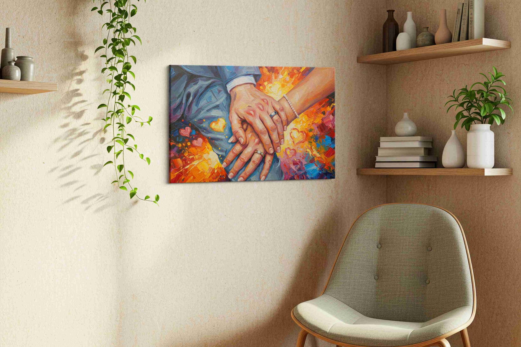 Eternal Embrace of Hearts romance canvas print styled in a living room