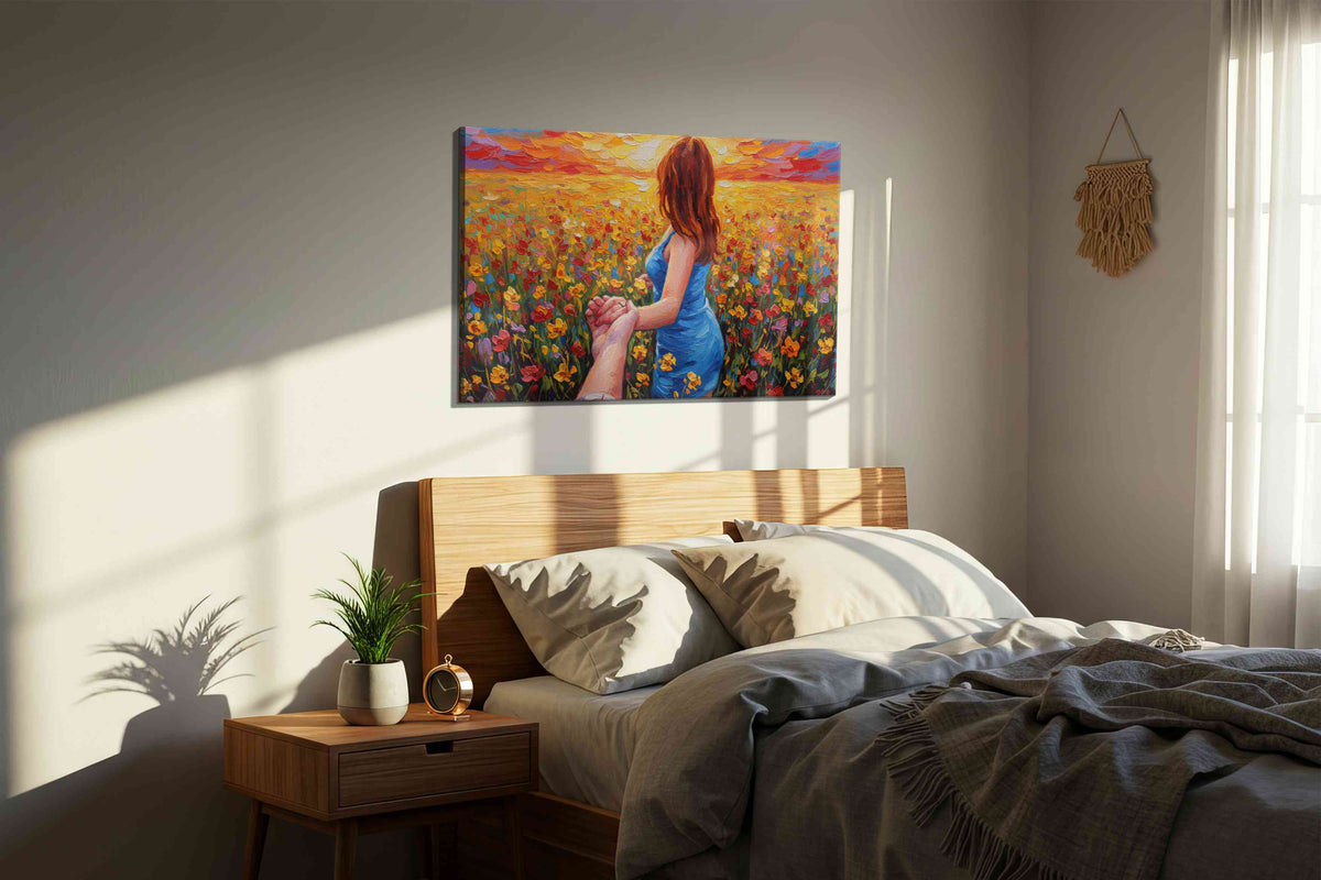 Eternal Sunrise Journey romance canvas print, displayed in a bedroom