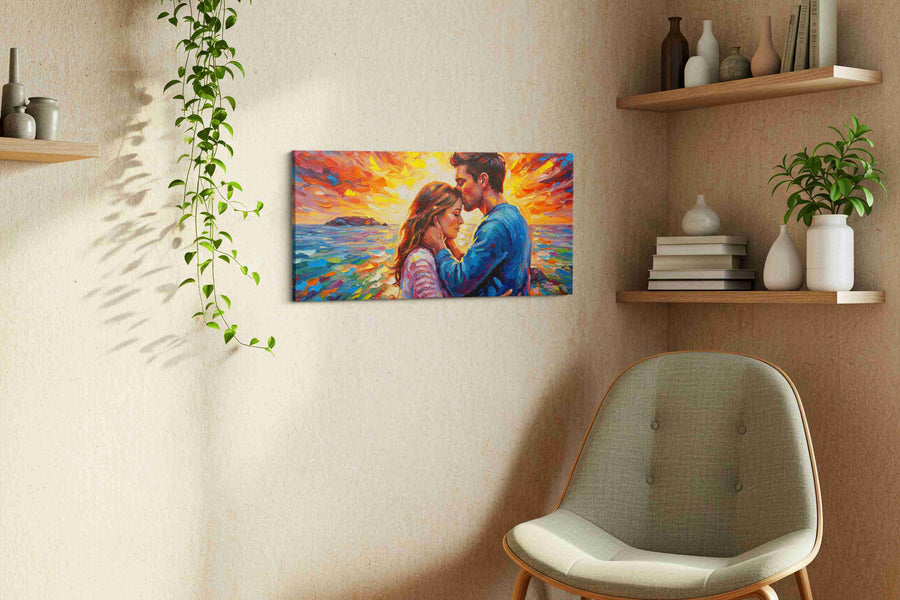 Eternal Sunset Embrace II romance canvas print, displayed in a living room