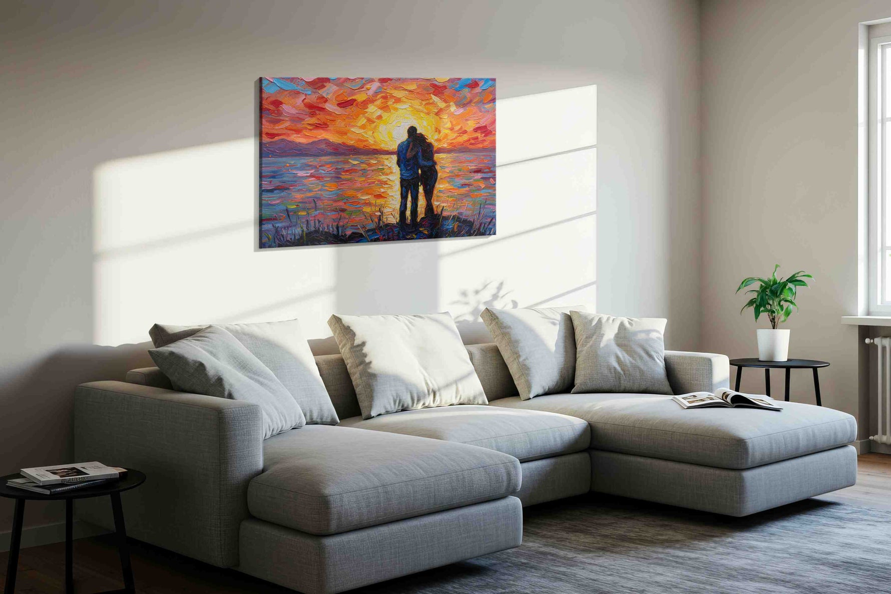 Eternal Sunset Embrace III romance canvas print styled in a living room