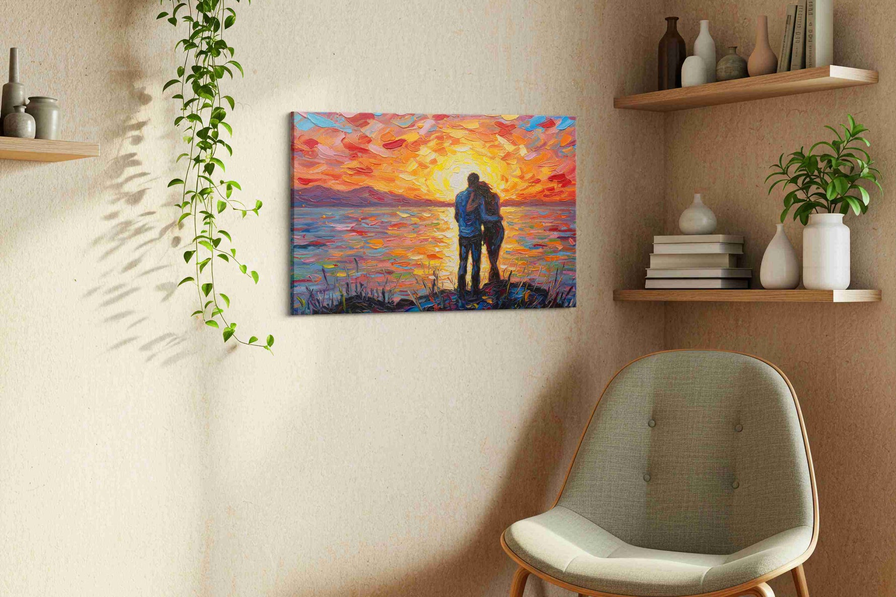 Eternal Sunset Embrace III romance canvas print, displayed in a living room