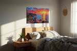Eternal Sunset Embrace IV romance canvas print, displayed in a bedroom