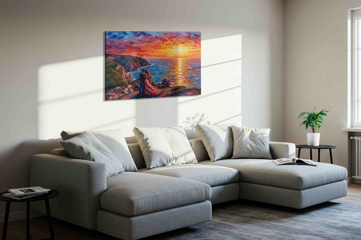 Eternal Sunset Embrace IV romance canvas print, displayed in a living room
