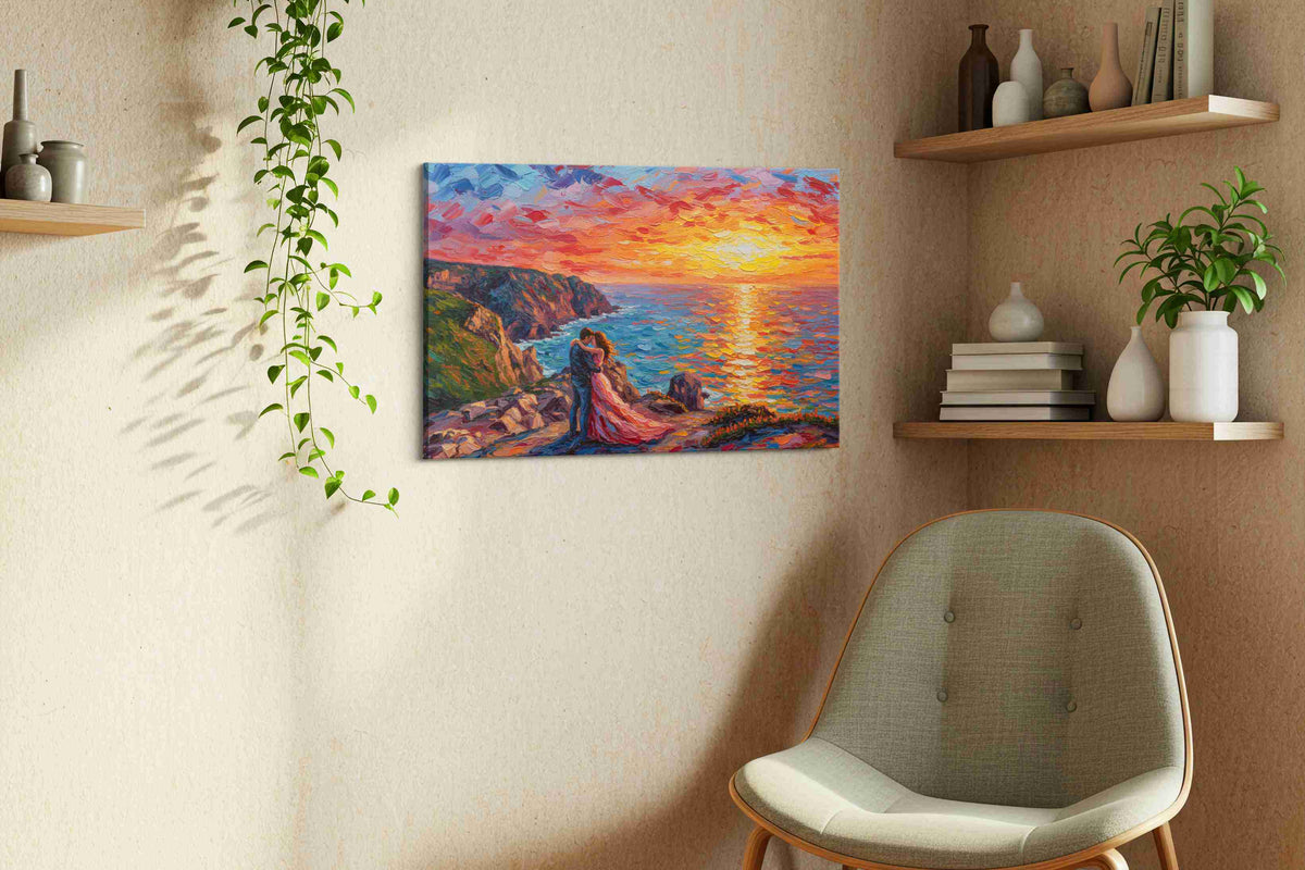 Eternal Sunset Embrace IV romance canvas print styled in a living room