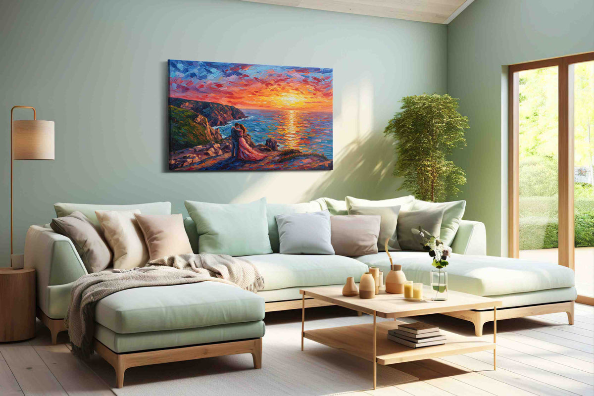 Eternal Sunset Embrace IV romance canvas print, hanging on wall