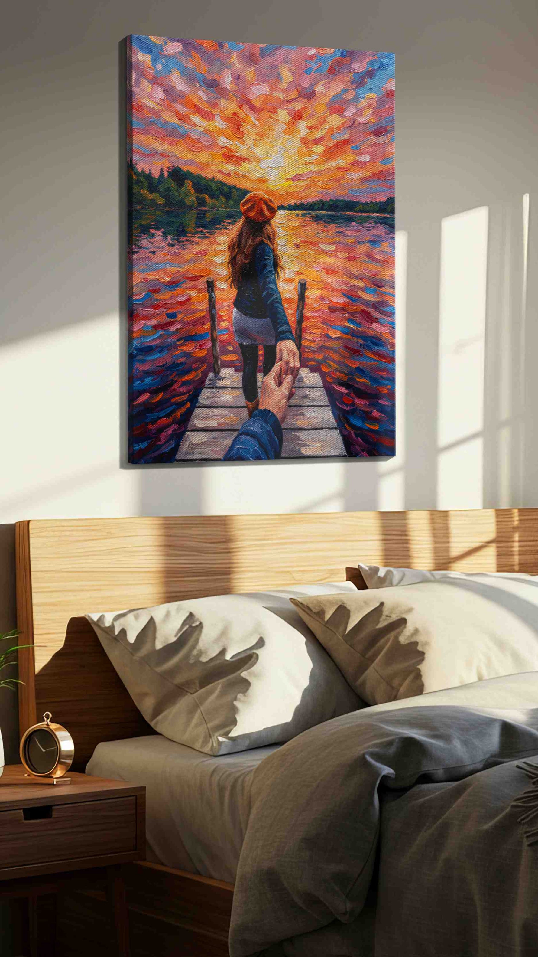 Eternal Sunset Voyage romance canvas print, displayed in a bedroom