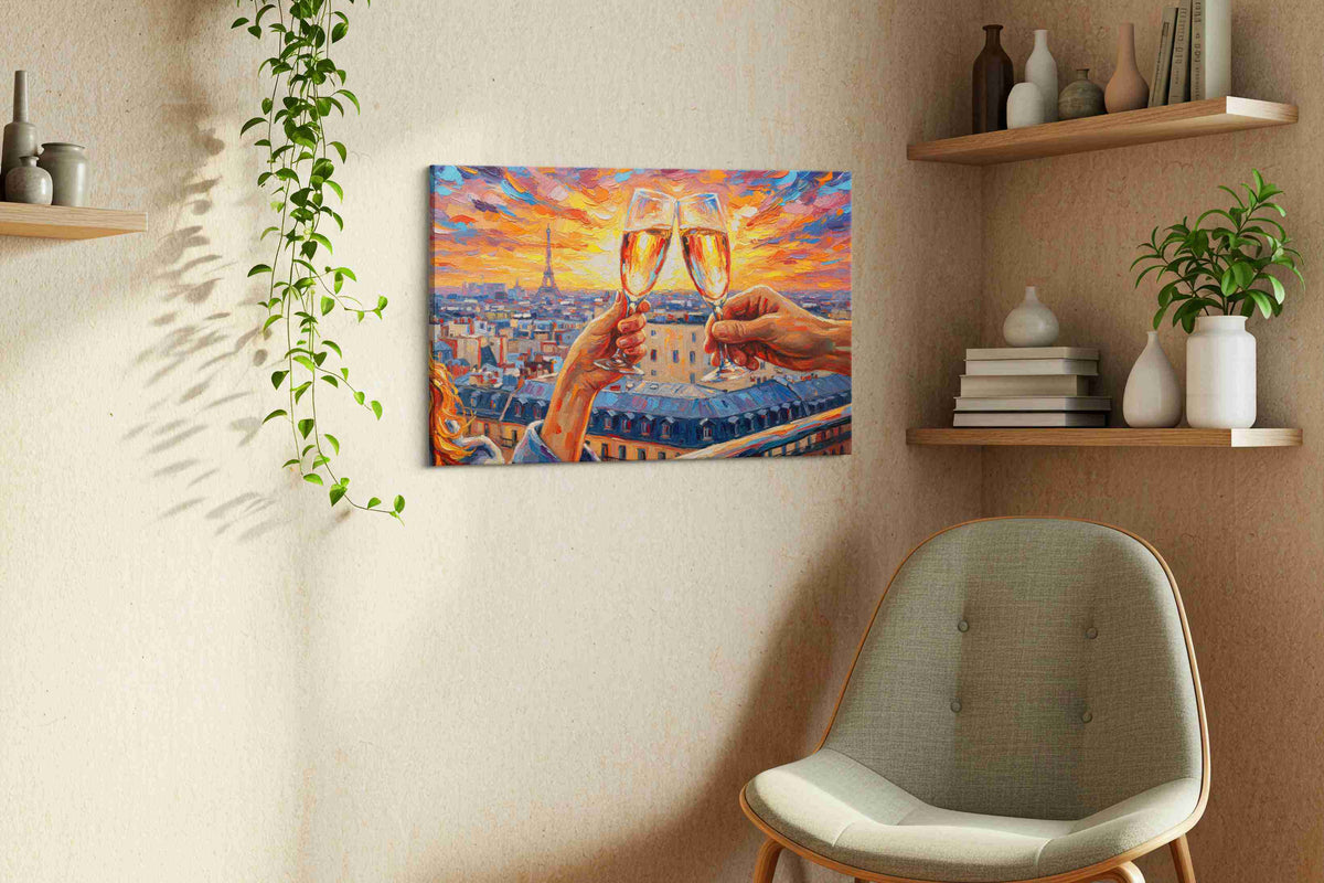 Euphoric Parisian Toast romance canvas print styled in a living room
