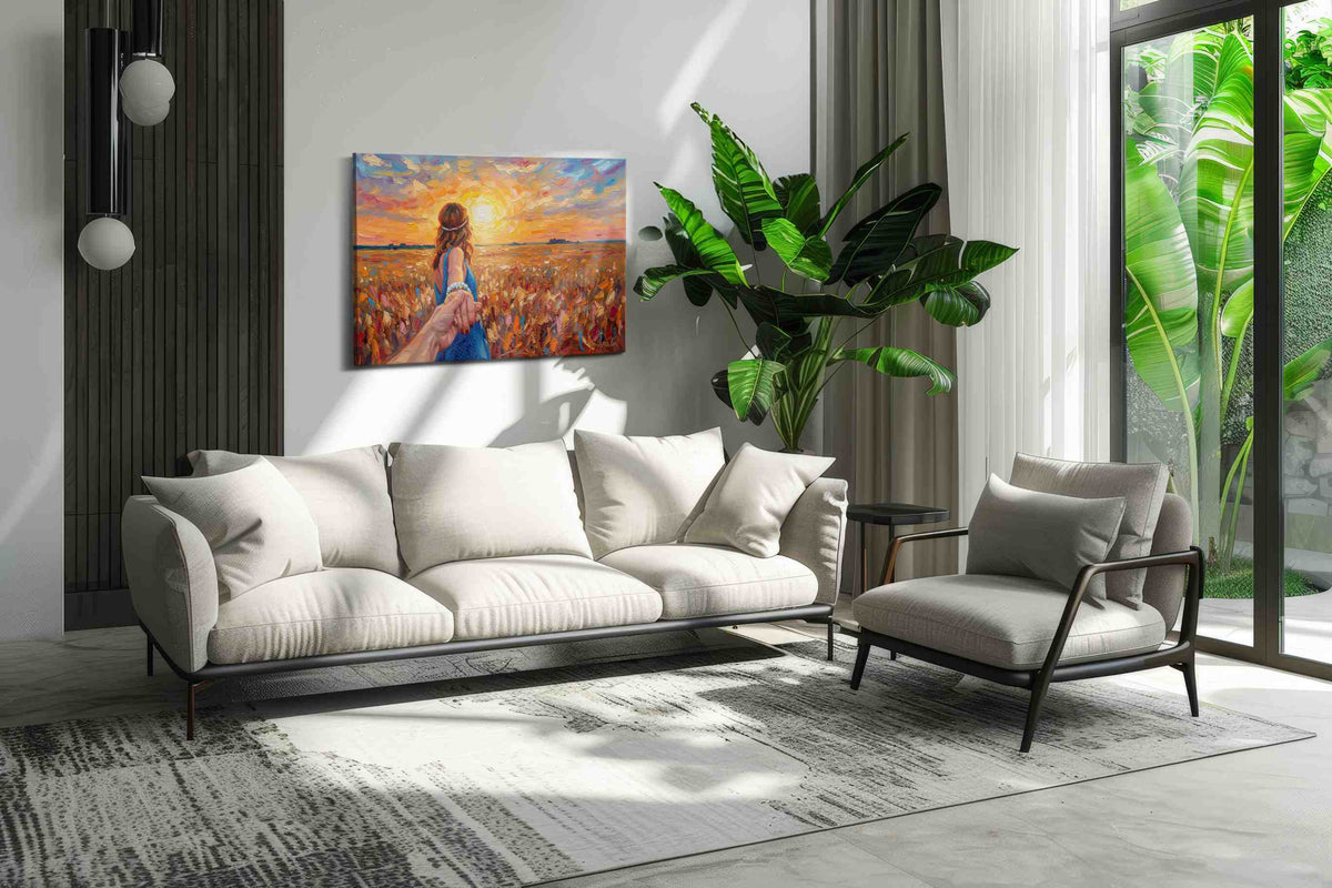 Guided by the Sunset romance canvas print, on wall, lifestyle preview