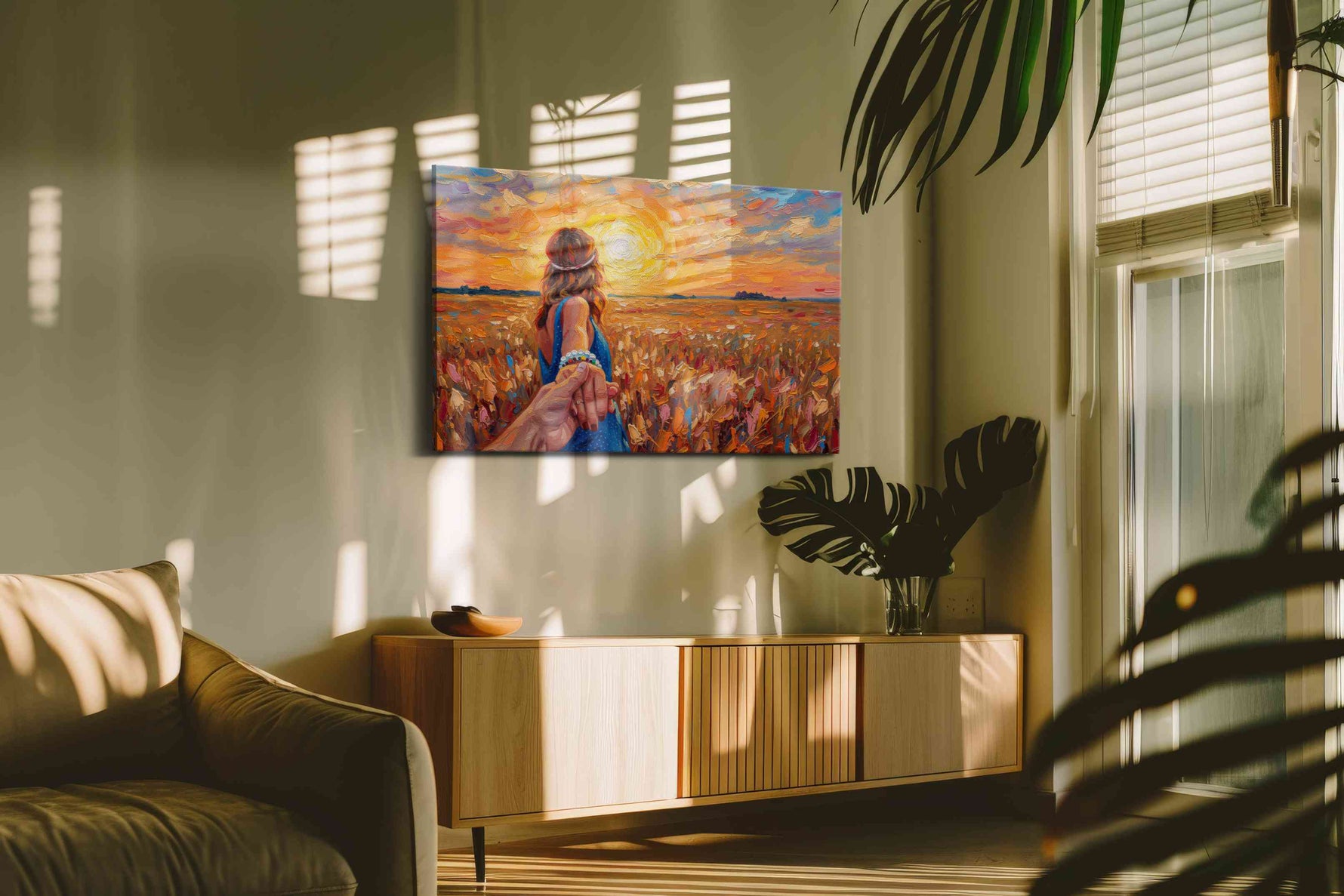 Guided by the Sunset romance canvas print in a contemporary interior mockup