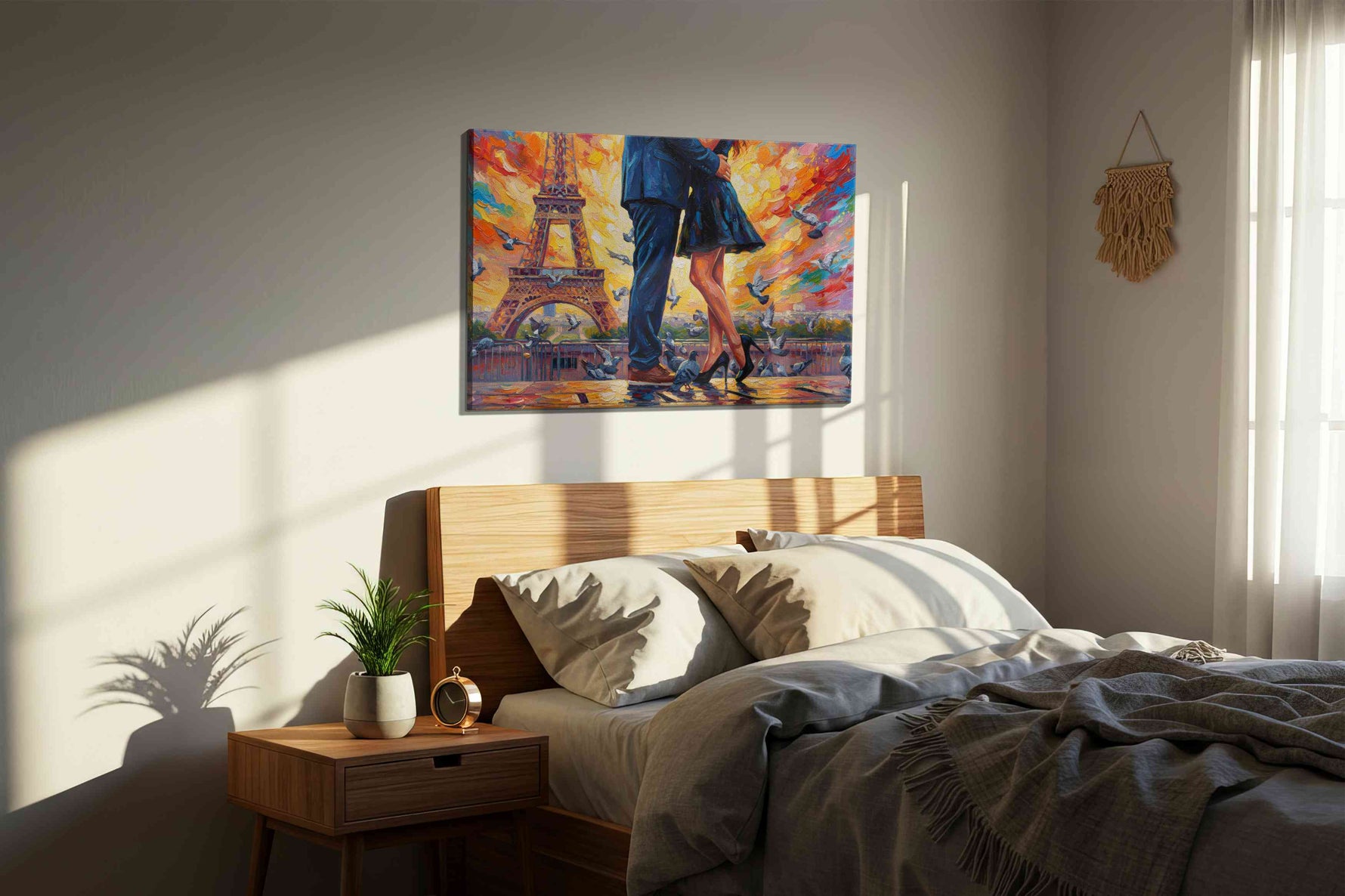 Parisian Embrace at Sunset romance canvas print, displayed in a bedroom