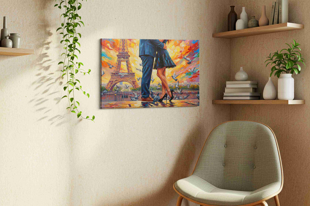 Parisian Embrace at Sunset romance canvas print, displayed in a living room