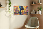 Parisian Embrace at Sunset romance canvas print, displayed in a living room