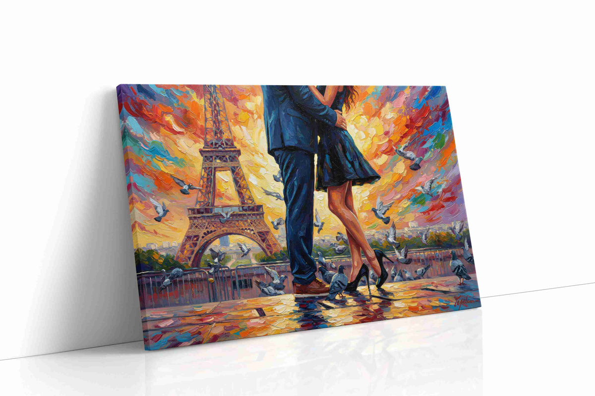 Parisian Embrace at Sunset romance canvas print, gallery-wrapped, ready to hang
