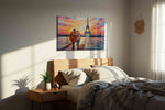 Parisian Sunset Stroll romance canvas print, displayed in a bedroom