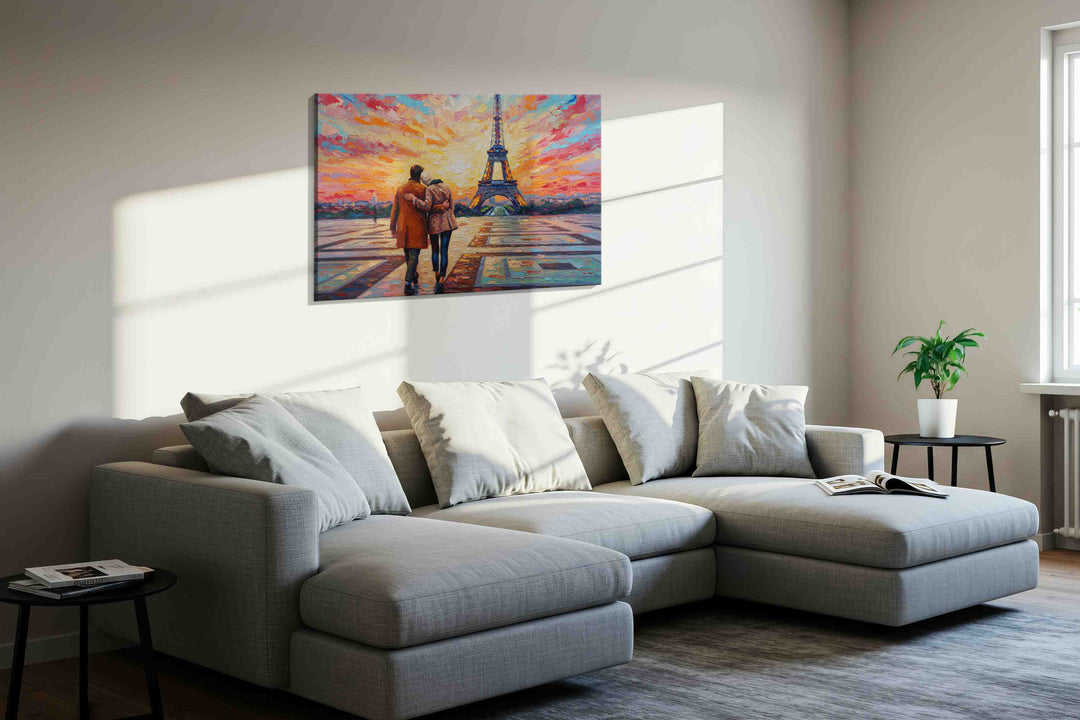Parisian Sunset Stroll – romance canvas wall art, gallery-wrapped, ready to hang
